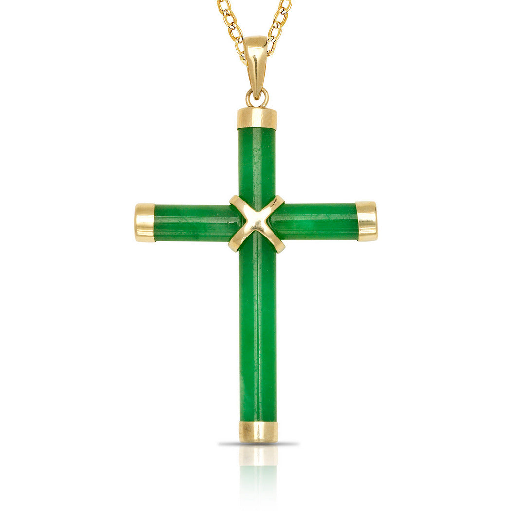 14k Yellow Gold Green Jade, Onyx, Lapis Cross Pendant Necklace - 16" and 20x35mm