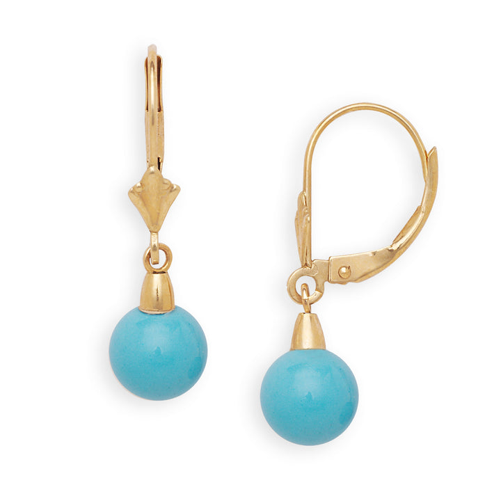 14k Yellow or White Gold Simulated Turquoise Gemstone Long Drop Dangle Lever Back Earrings