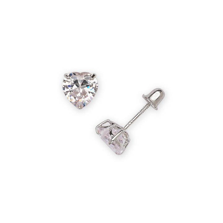 14k White Gold 4-6mm Heart Shaped CZ Screw Back Earrings