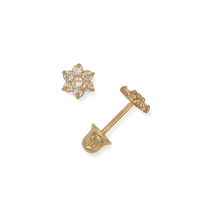 14K CZ Small Flower Screw Back Earrings (Yellow or White)