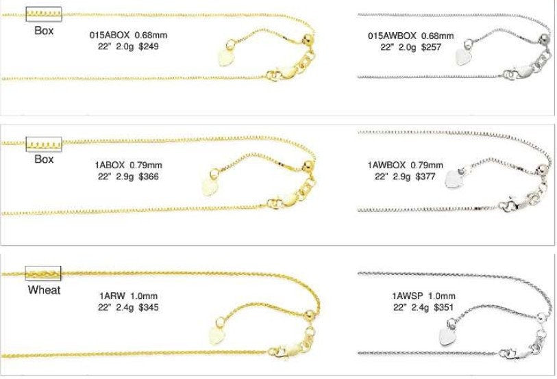 10k Yellow or White Gold Italian Adjustable 22" Box, Wheat, Cable, Rope or Sparkle Chain Necklace