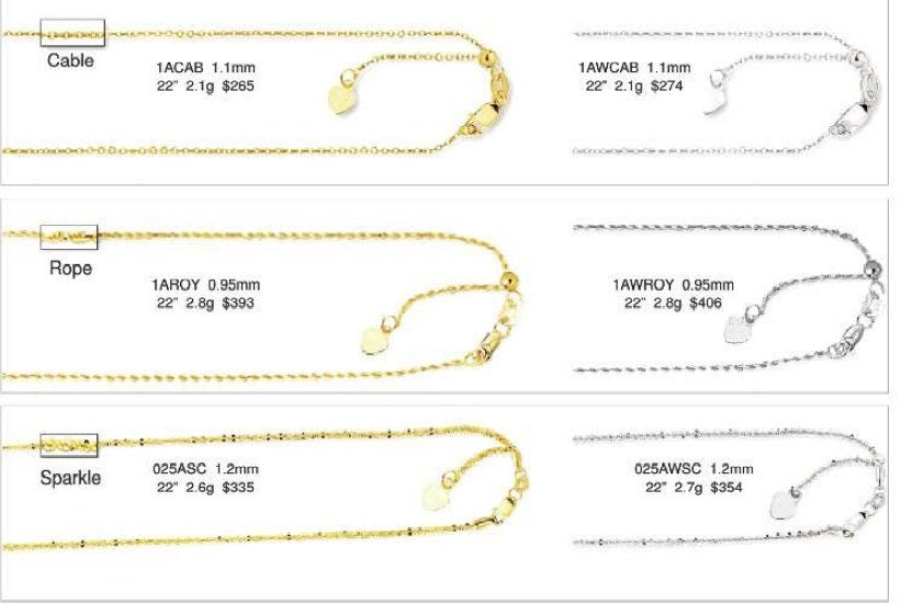 10k Yellow or White Gold Italian Adjustable 22" Box, Wheat, Cable, Rope or Sparkle Chain Necklace