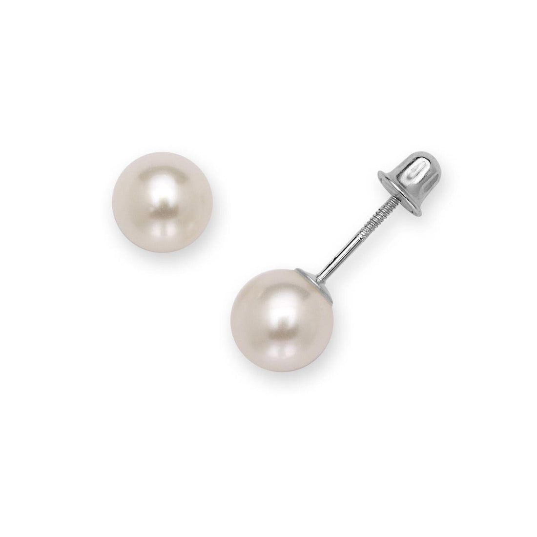 14k White Gold Round Freshwater Cultured Pearl Stud Screw Back Earrings - 3-8mm