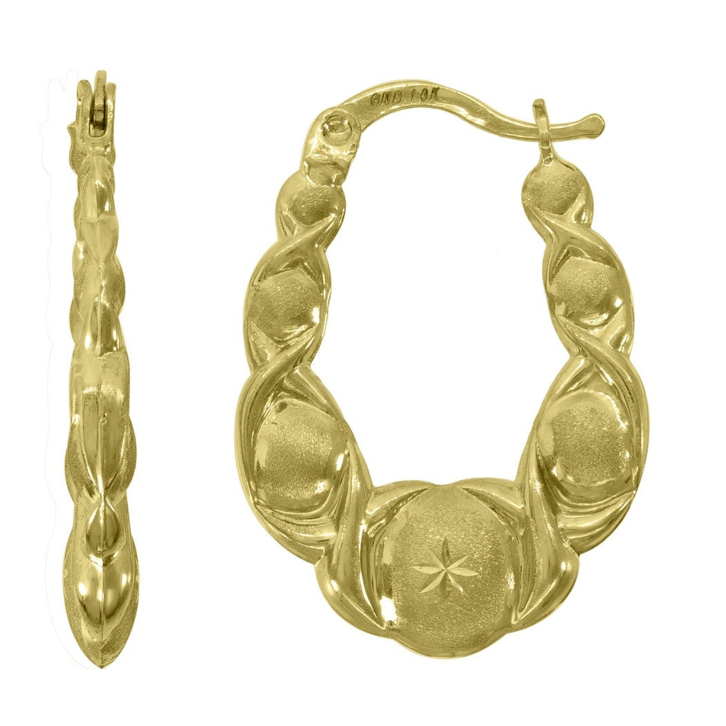 10k Yellow Gold Diamond-cut XO Hugs & Kisses Oval Hoop Earrings -Creole Shrimp Earrings - 19.2mm - Real 10k Gold - Gifts for her women