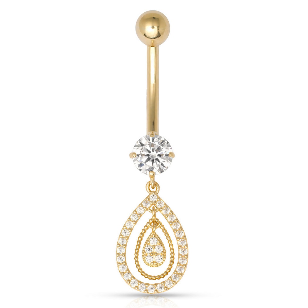 10k Yellow Gold 14G Tear Drop CZ Dangling Belly Ring