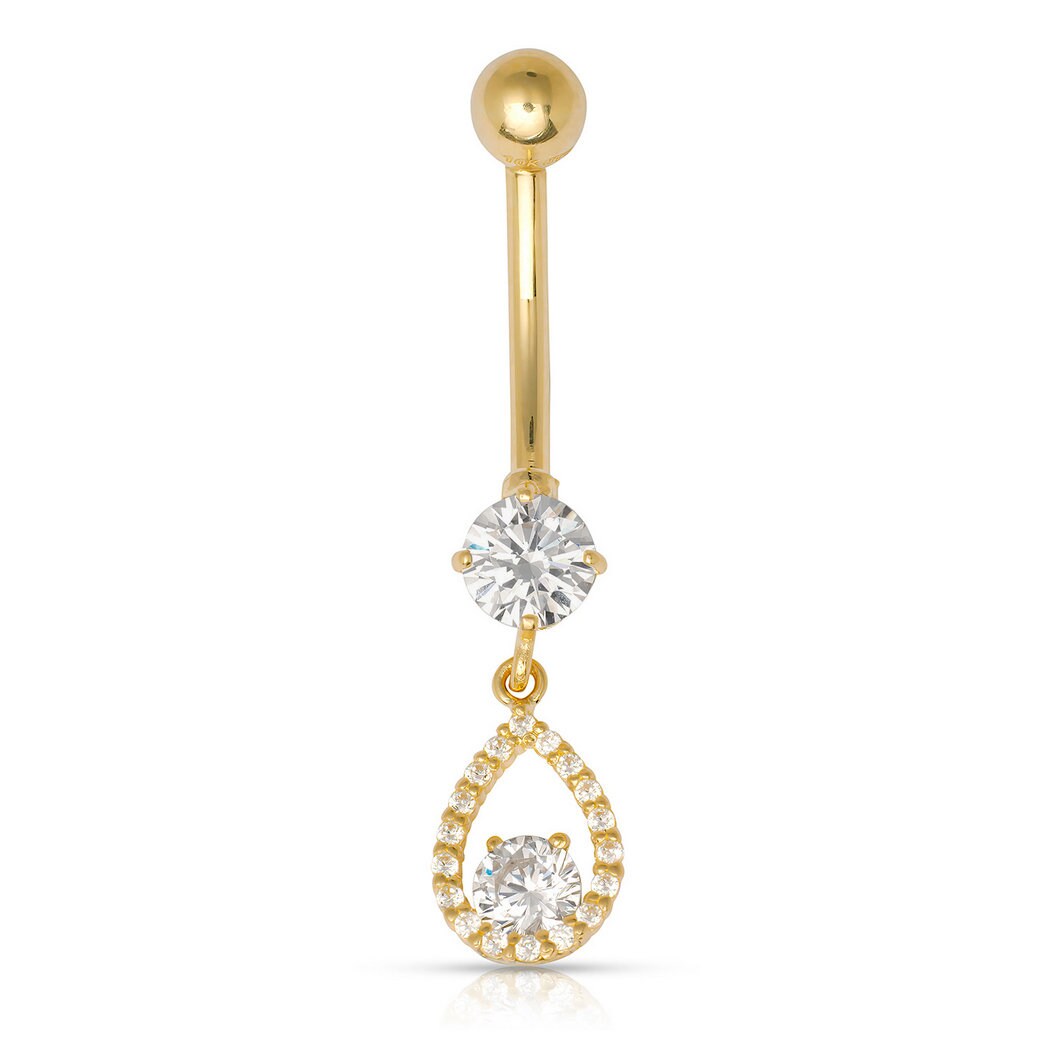 10k Yellow Gold Tear Drop CZ Dangling Belly Ring