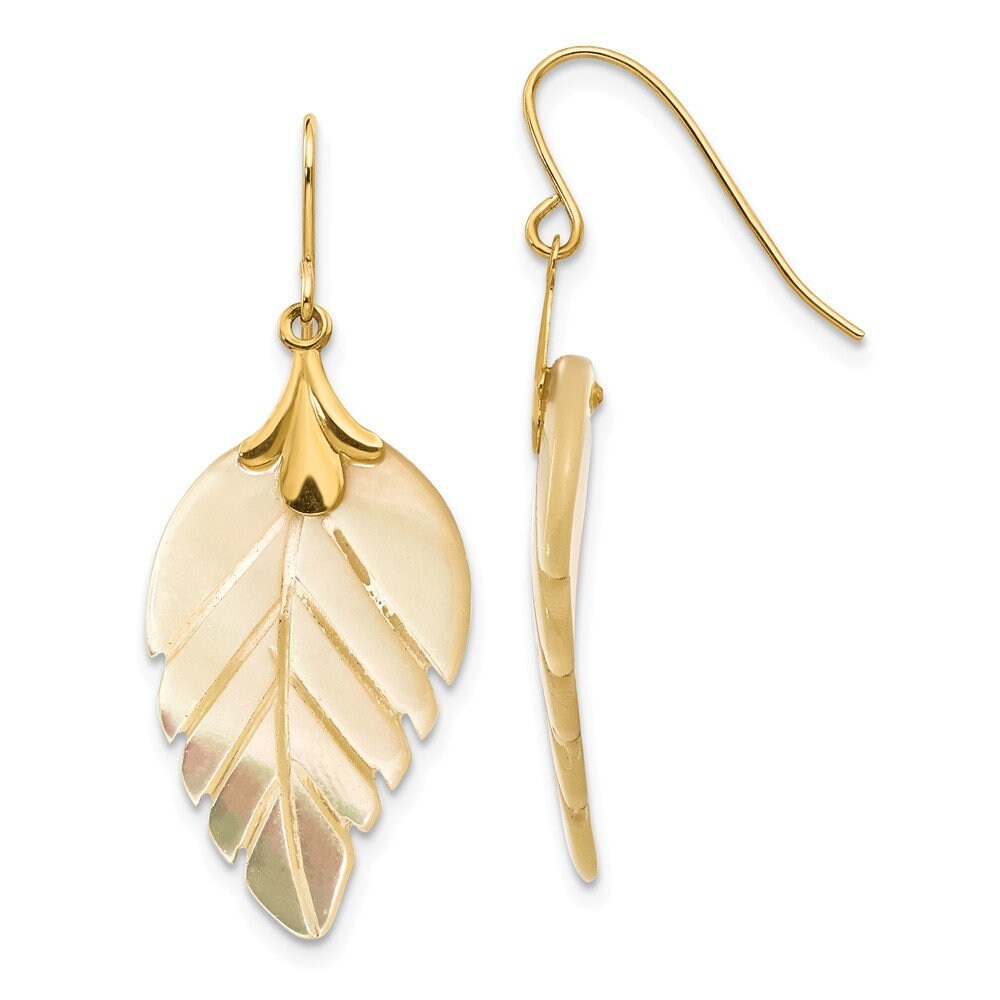 14k Yellow Gold Mother of Pearl Leaf Long Drop Dangle Earrings