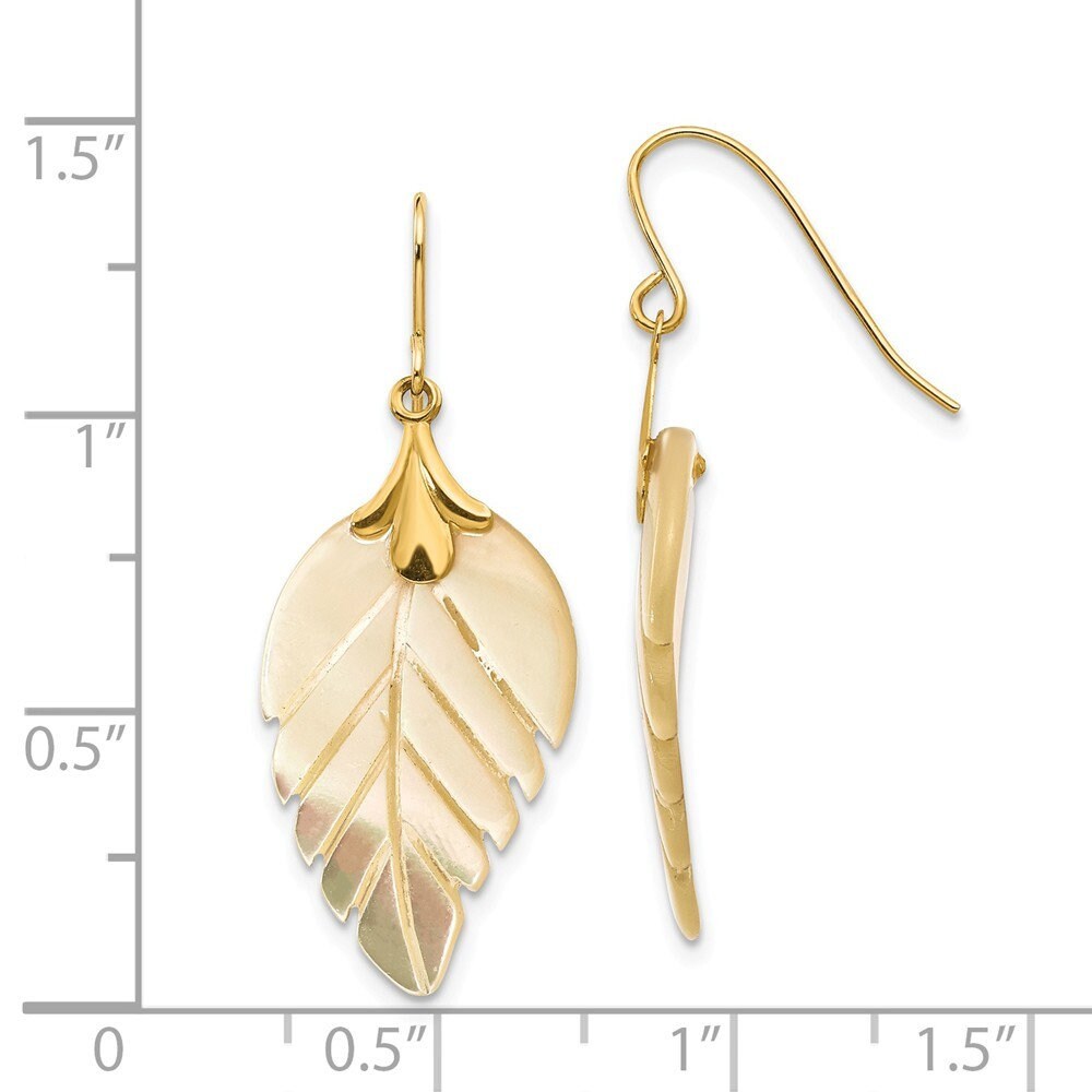 14k Yellow Gold Mother of Pearl Leaf Long Drop Dangle Earrings