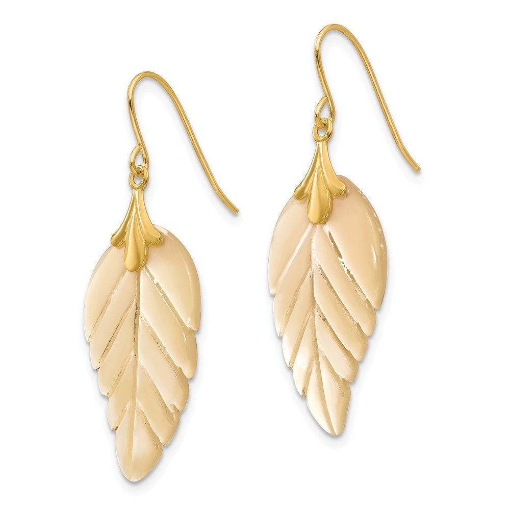 14k Yellow Gold Mother of Pearl Leaf Long Drop Dangle Earrings