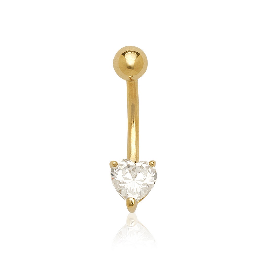 14k Yellow or White Gold Heart CZ Curved Barbell Dangle Belly Ring