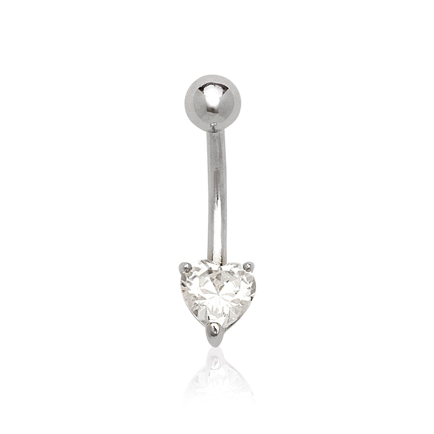 14k Yellow or White Gold Heart CZ Curved Barbell Dangle Belly Ring