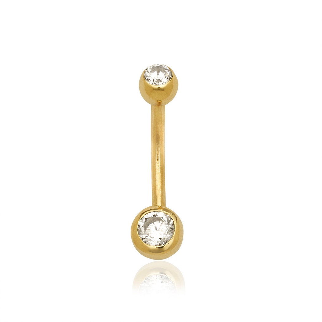 14k Yellow or White Gold Double Bezel CZ Curved Barbell Dangle Belly Ring