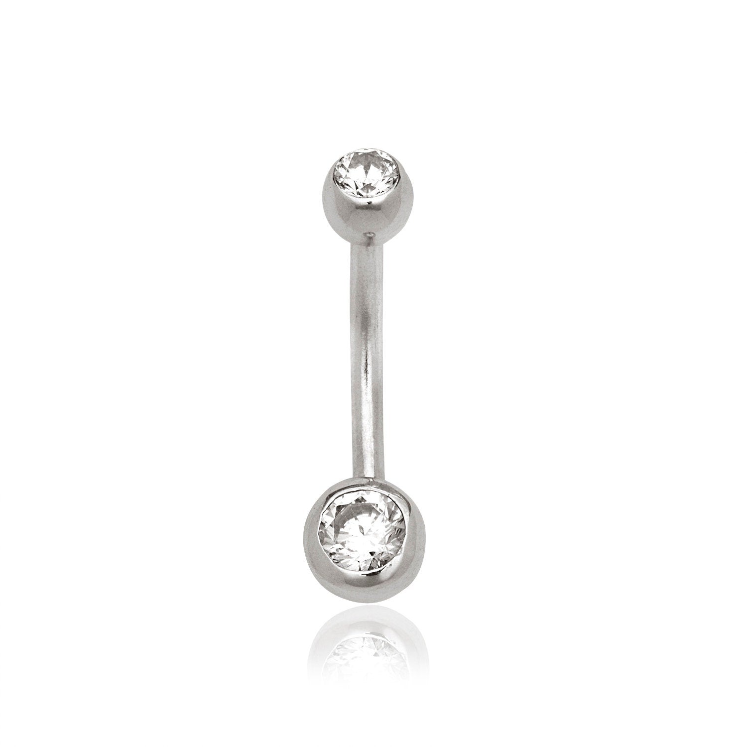 14k Yellow or White Gold Double Bezel CZ Curved Barbell Dangle Belly Ring