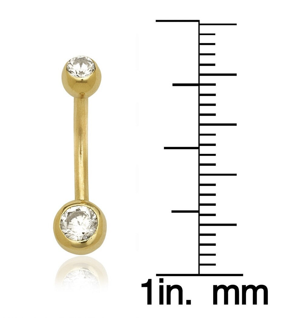 14k Yellow or White Gold Double Bezel CZ Curved Barbell Dangle Belly Ring