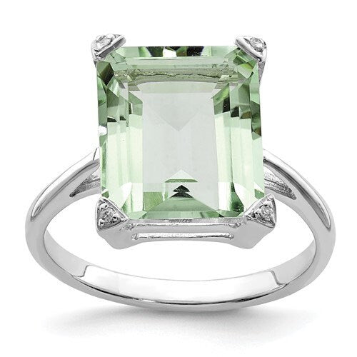 Emerald-cut Green Quartz Statement Ring, diamond accent, 925 sterling silver, green ring, gift for her, statement ring, large ring