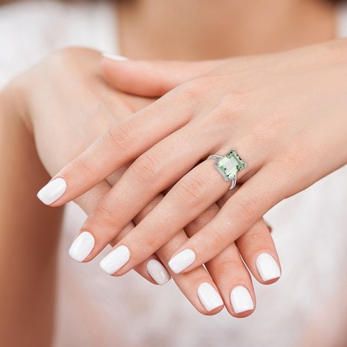 Emerald-cut Green Quartz Statement Ring, diamond accent, 925 sterling silver, green ring, gift for her, statement ring, large ring