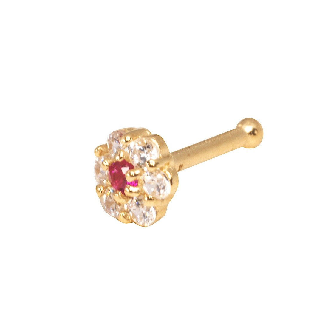 14k Yellow or White Gold 20G Red Flower CZ Nose Stud