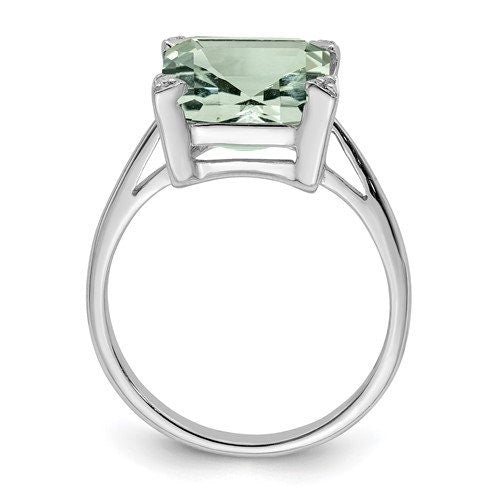Emerald-cut Green Quartz Statement Ring, diamond accent, 925 sterling silver, green ring, gift for her, statement ring, large ring