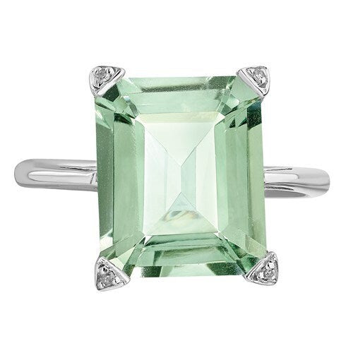 Emerald-cut Green Quartz Statement Ring, diamond accent, 925 sterling silver, green ring, gift for her, statement ring, large ring