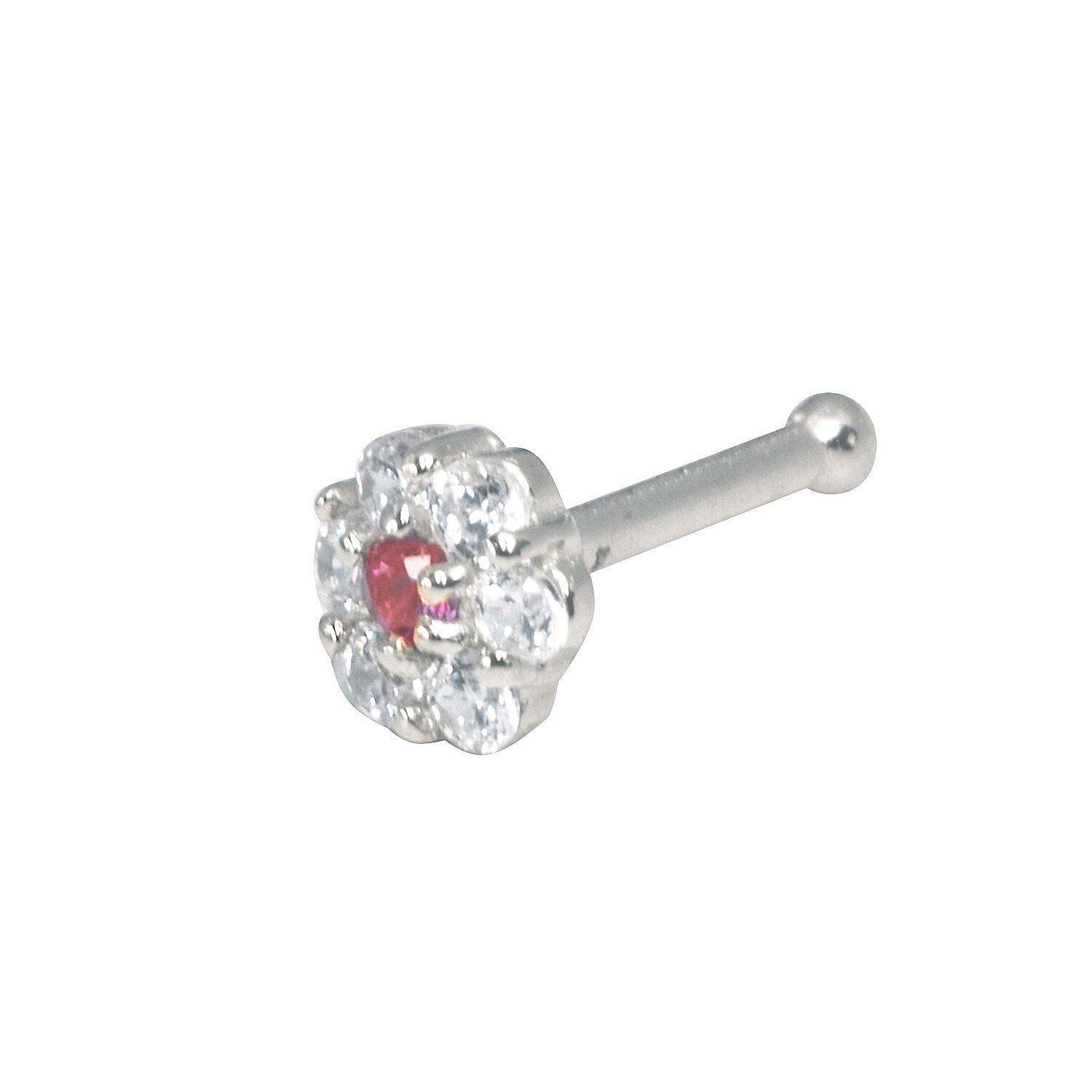 14k Yellow or White Gold 20G Red Flower CZ Nose Stud