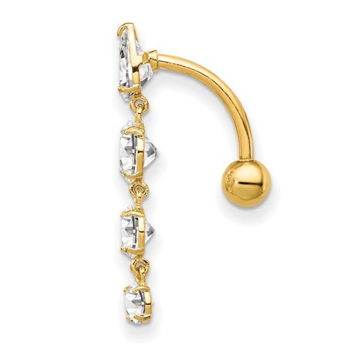 10k Yellow or White Gold CZ 4 Stone Long Drop Belly Ring