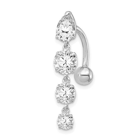 10k Yellow or White Gold CZ 4 Stone Long Drop Belly Ring