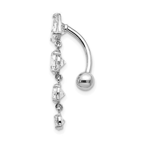 10k Yellow or White Gold CZ 4 Stone Long Drop Belly Ring