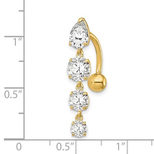 10k Yellow or White Gold CZ 4 Stone Long Drop Belly Ring