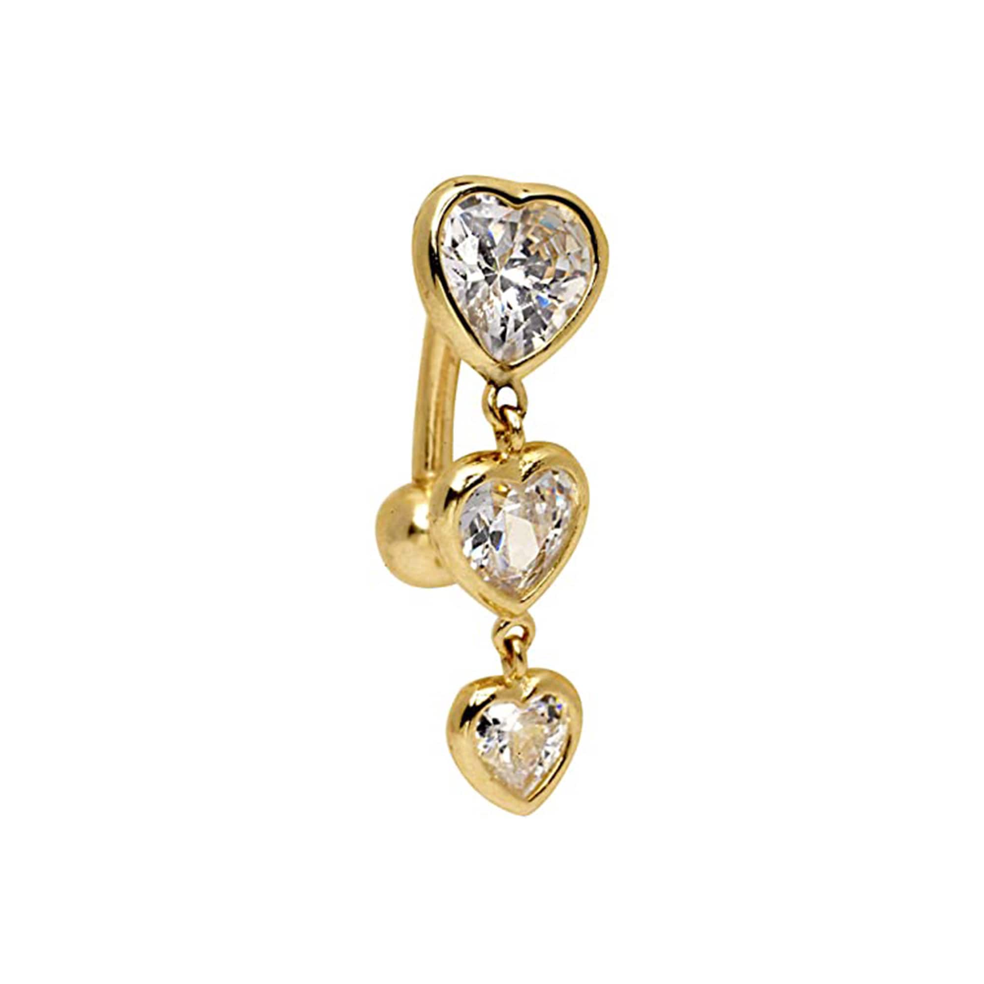14k Yellow or White Gold Graduated Heart CZ Top Mount Dangle Belly Ring - 7x24mm