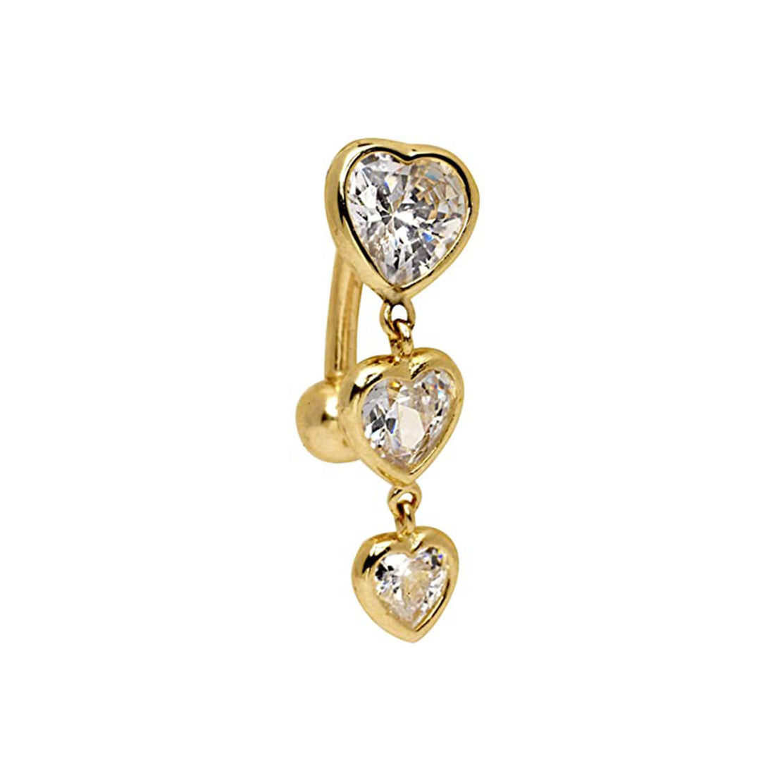 Curata - Real 14k Gold Graduated Heart CZ Top Mount Belly Button Ring Dangle - 7mm x 24mm - Gold Belly Piercing - Hypoallergenic - Real 14k