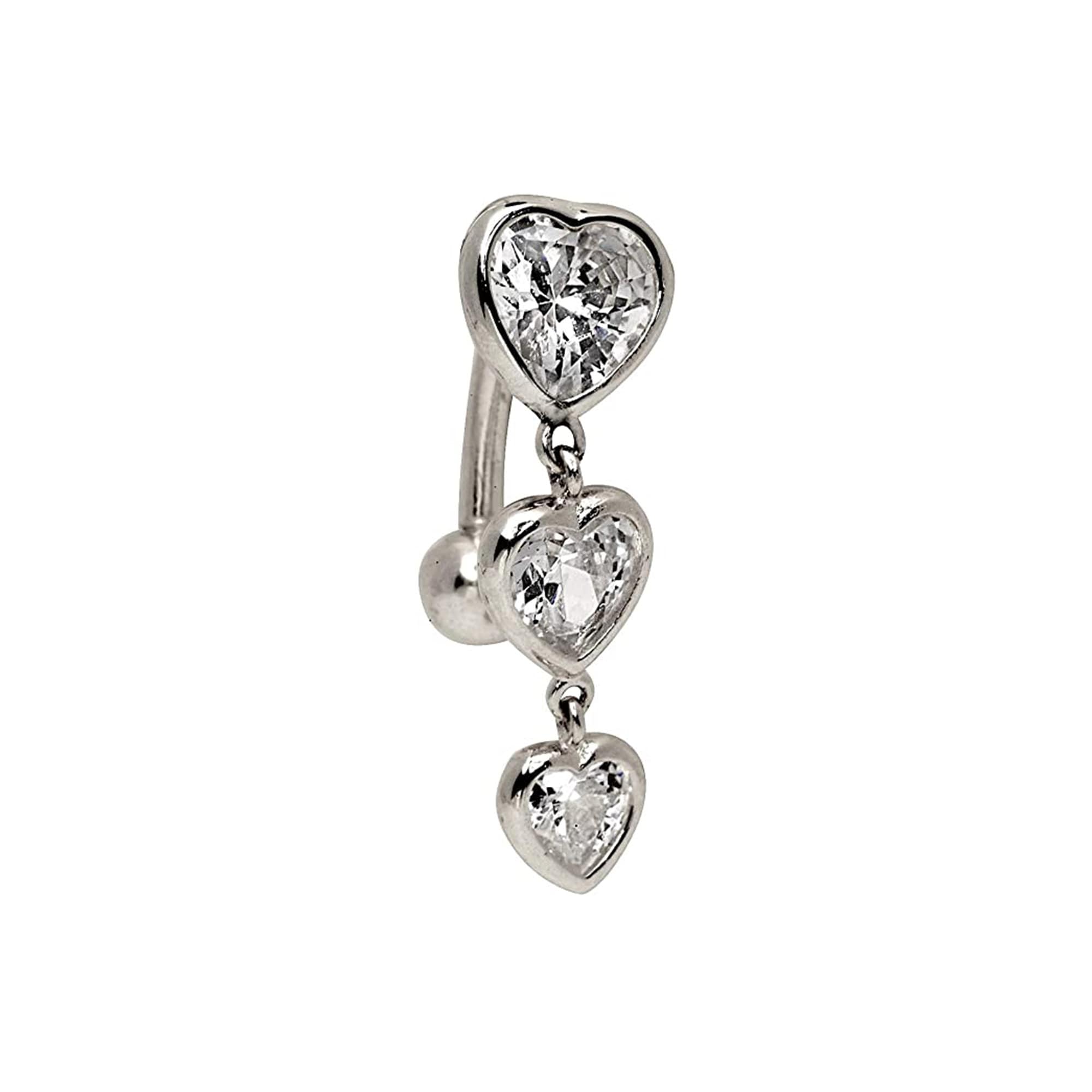 14k Yellow or White Gold Graduated Heart CZ Top Mount Dangle Belly Ring - 7x24mm