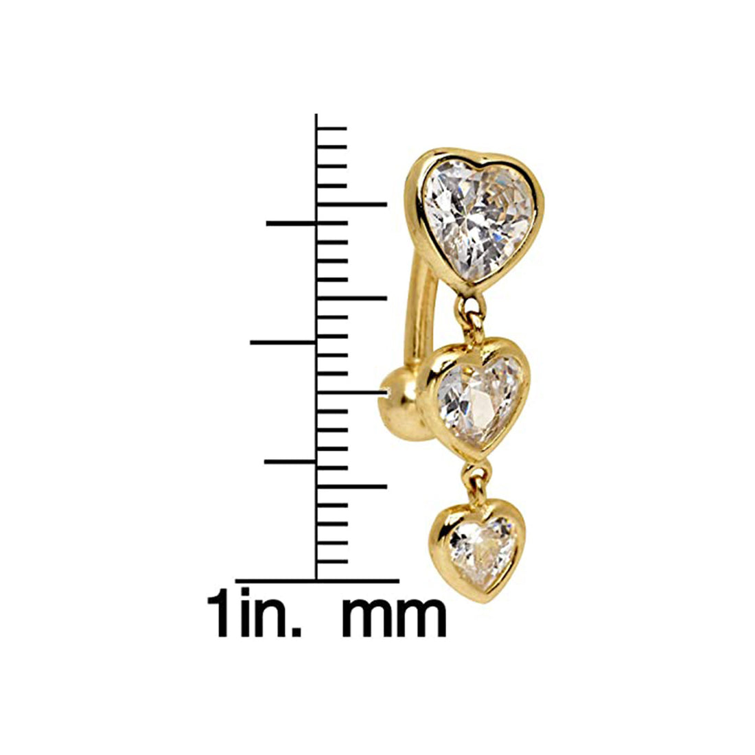 Curata - Real 14k Gold Graduated Heart CZ Top Mount Belly Button Ring Dangle - 7mm x 24mm - Gold Belly Piercing - Hypoallergenic - Real 14k