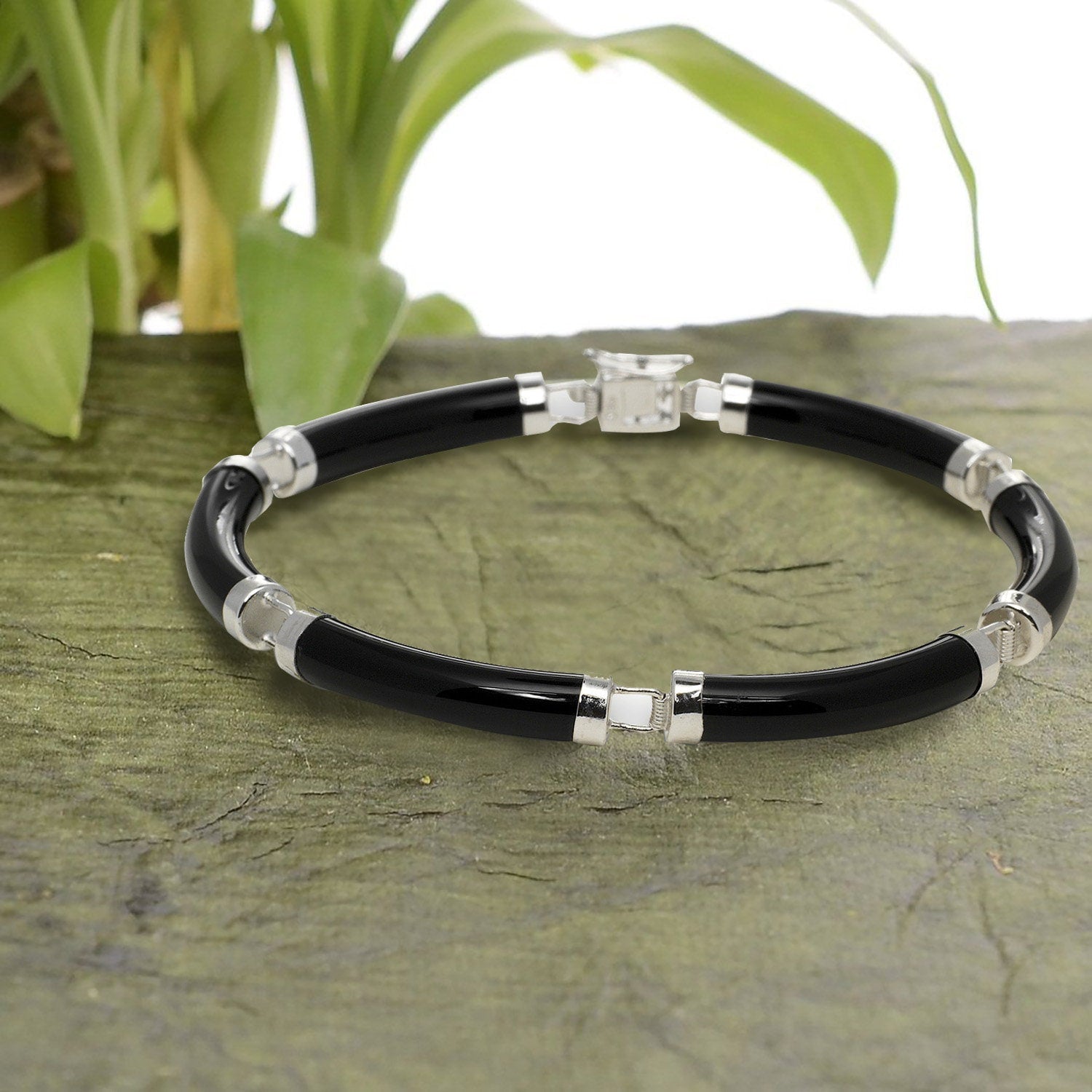 925 Sterling Silver Green Jade, Onyx, or White Mother of Pearl Tube Segment Bracelet - 5mm x 7.5"