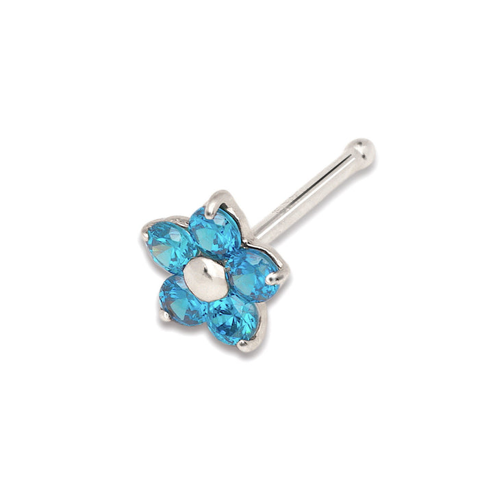 14k Yellow or White Gold 20G Green, Pink, Blue, Purple or Red Cubic Zirconia 3mm Flower Nose Stud