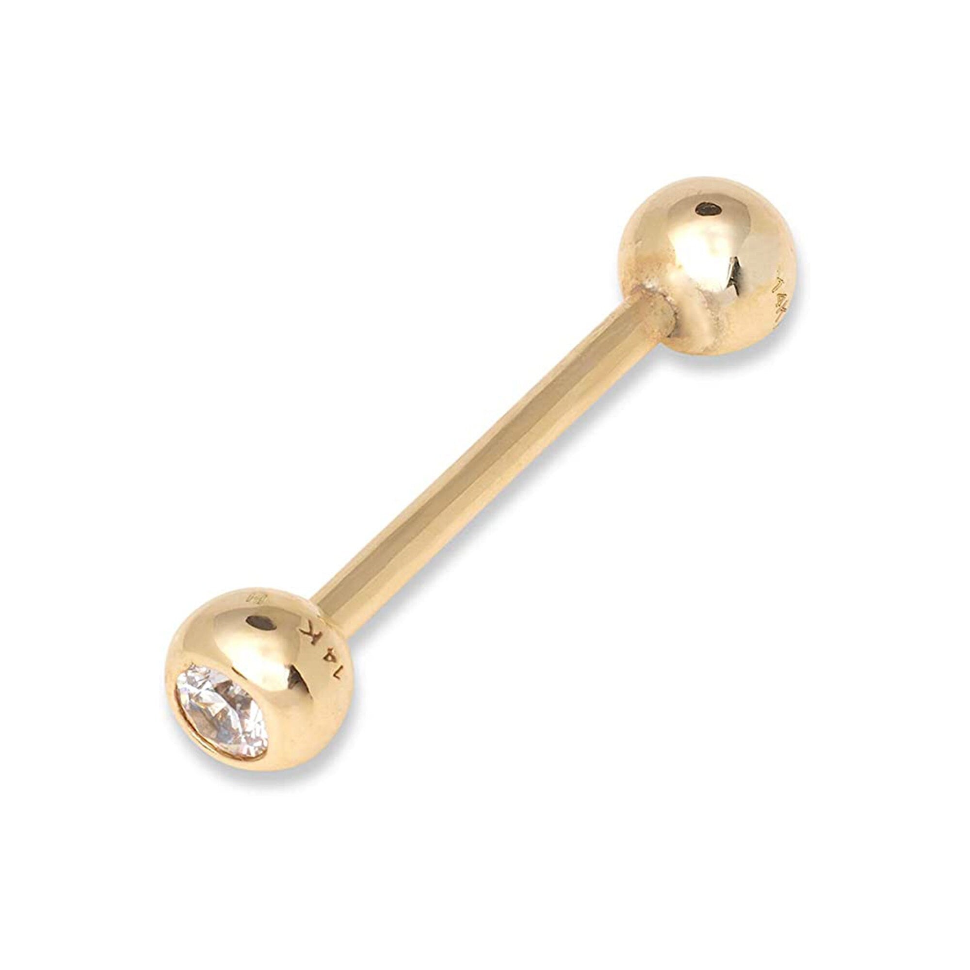 14k Yellow or White Gold 14G Bezel Cubic Zirconia Straight Barbell Internally Threaded Tongue Ring