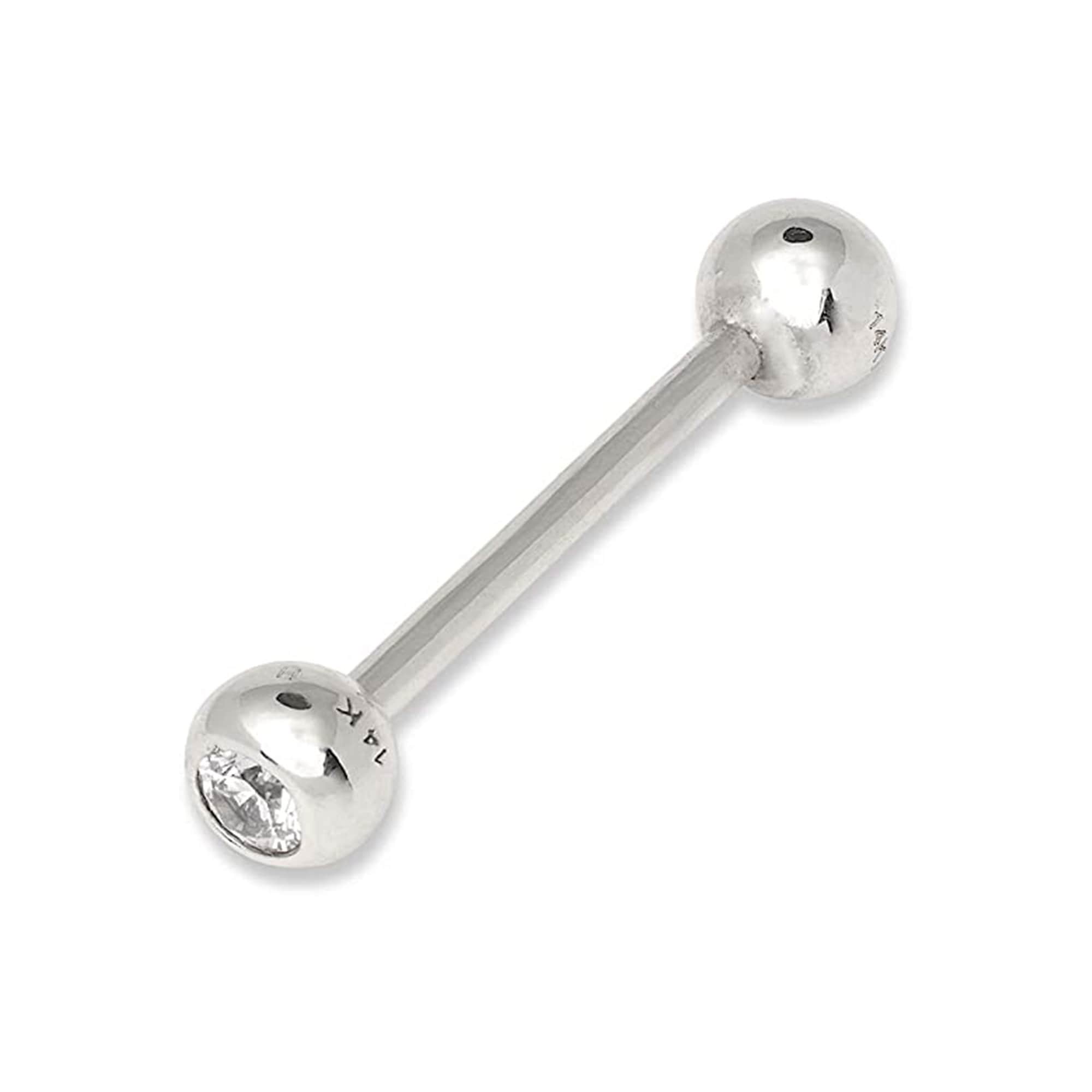 14k Yellow or White Gold 14G Bezel Cubic Zirconia Straight Barbell Internally Threaded Tongue Ring
