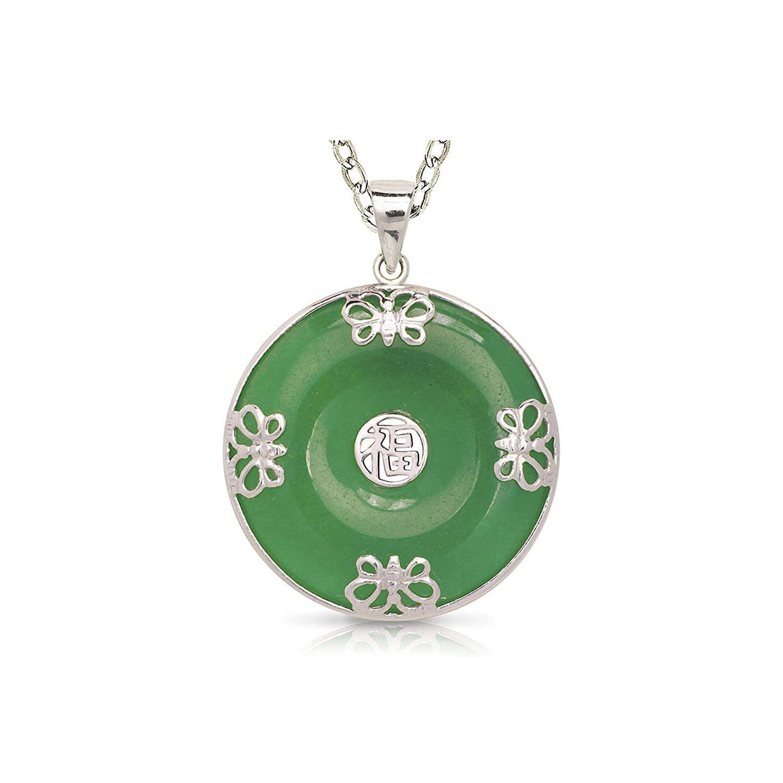 925 Sterling Silver Rhodium Green Jade Round Ornate Butterfly Disc Pendant Necklace - 25x32mm