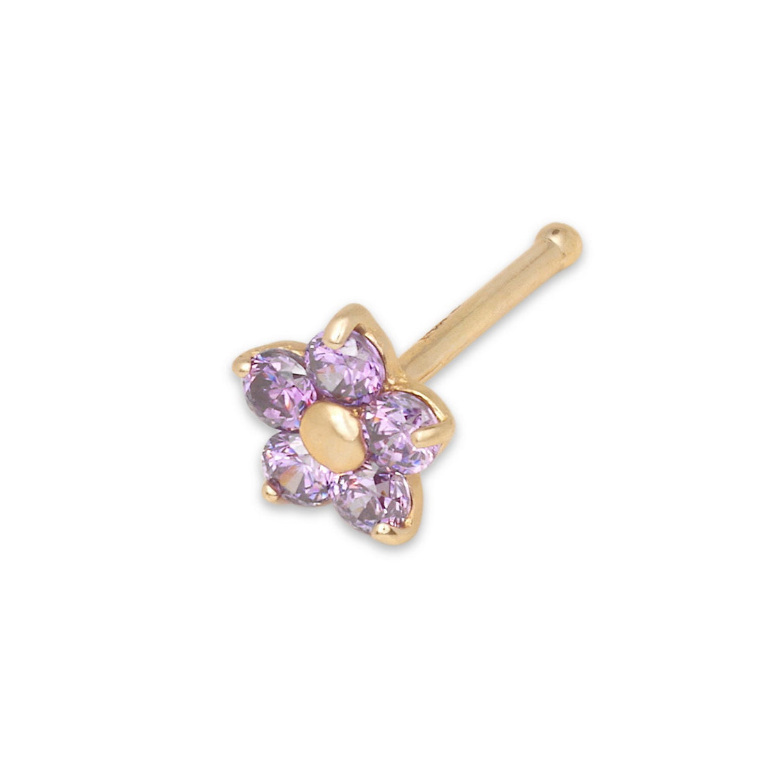 14k Yellow or White Gold 20G Green, Pink, Blue, Purple or Red Cubic Zirconia 3mm Flower Nose Stud