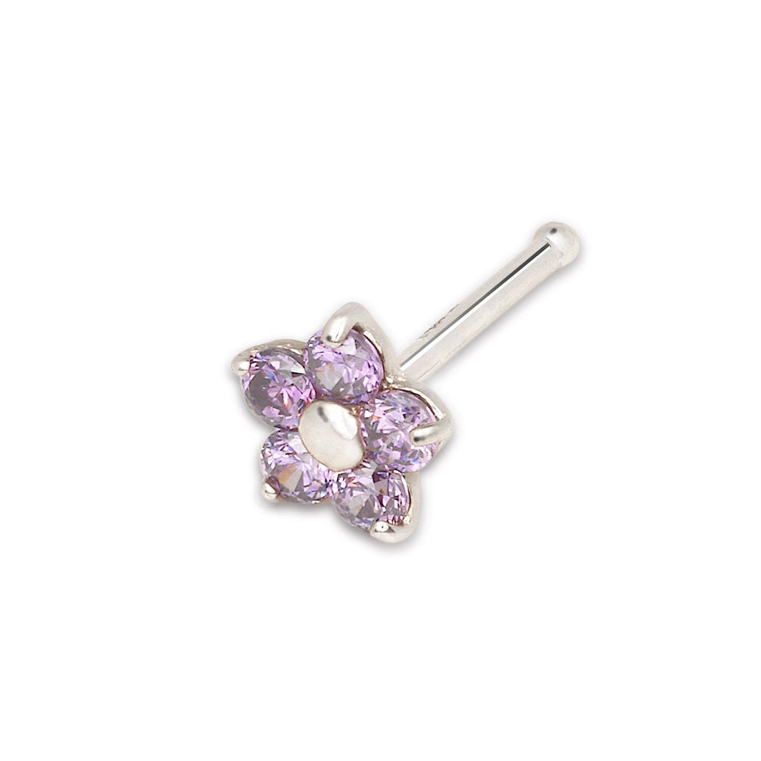 14k Yellow or White Gold 20G Green, Pink, Blue, Purple or Red Cubic Zirconia 3mm Flower Nose Stud