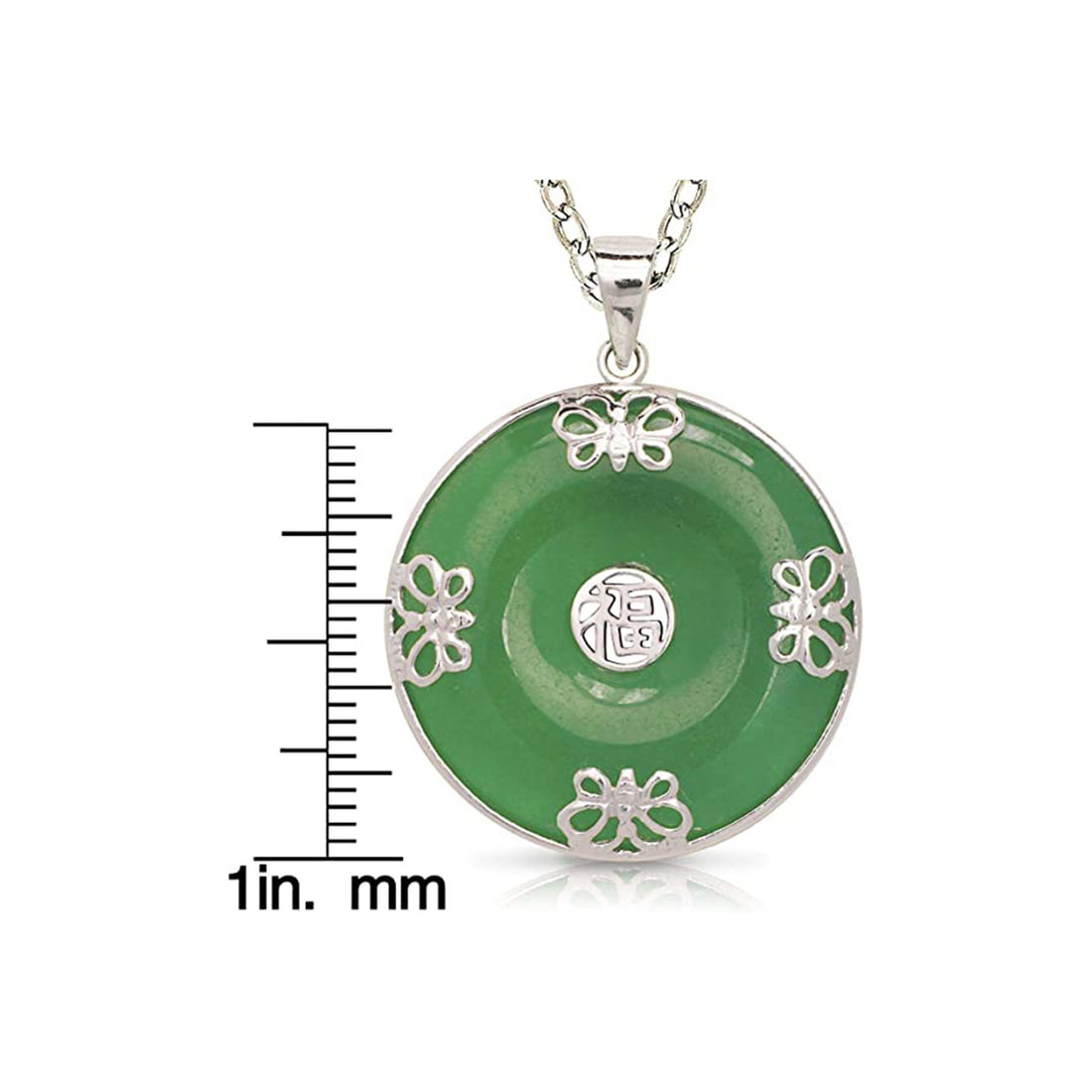 925 Sterling Silver Rhodium Green Jade Round Ornate Butterfly Disc Pendant Necklace - 25x32mm