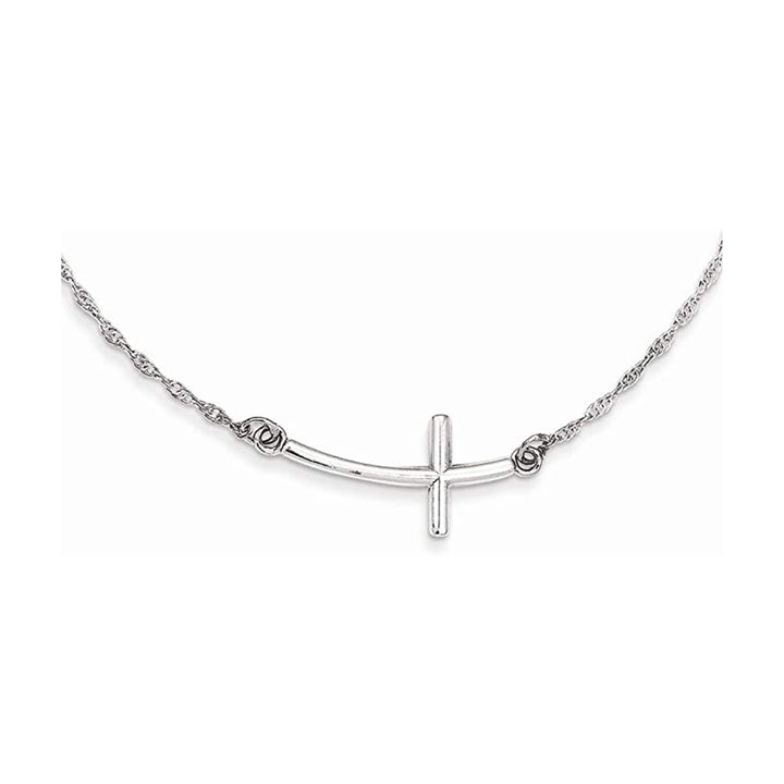 925 Sterling Silver Rhodium Polished Large Sideways Curved Cross Necklace - 18"