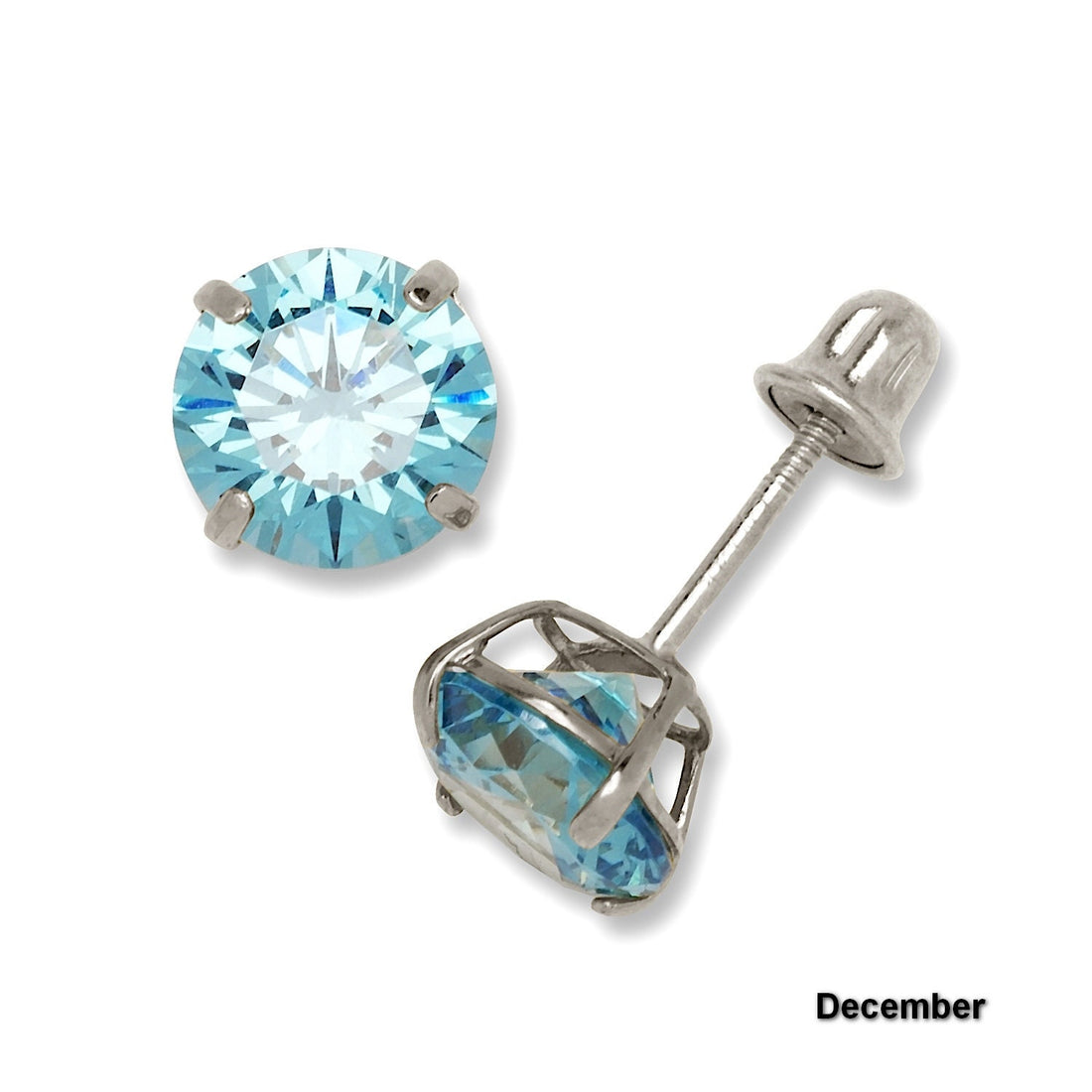 14K White Gold 6mm Round CZ Birthstone Basket-Set Screw Back Earrings (12 colors)