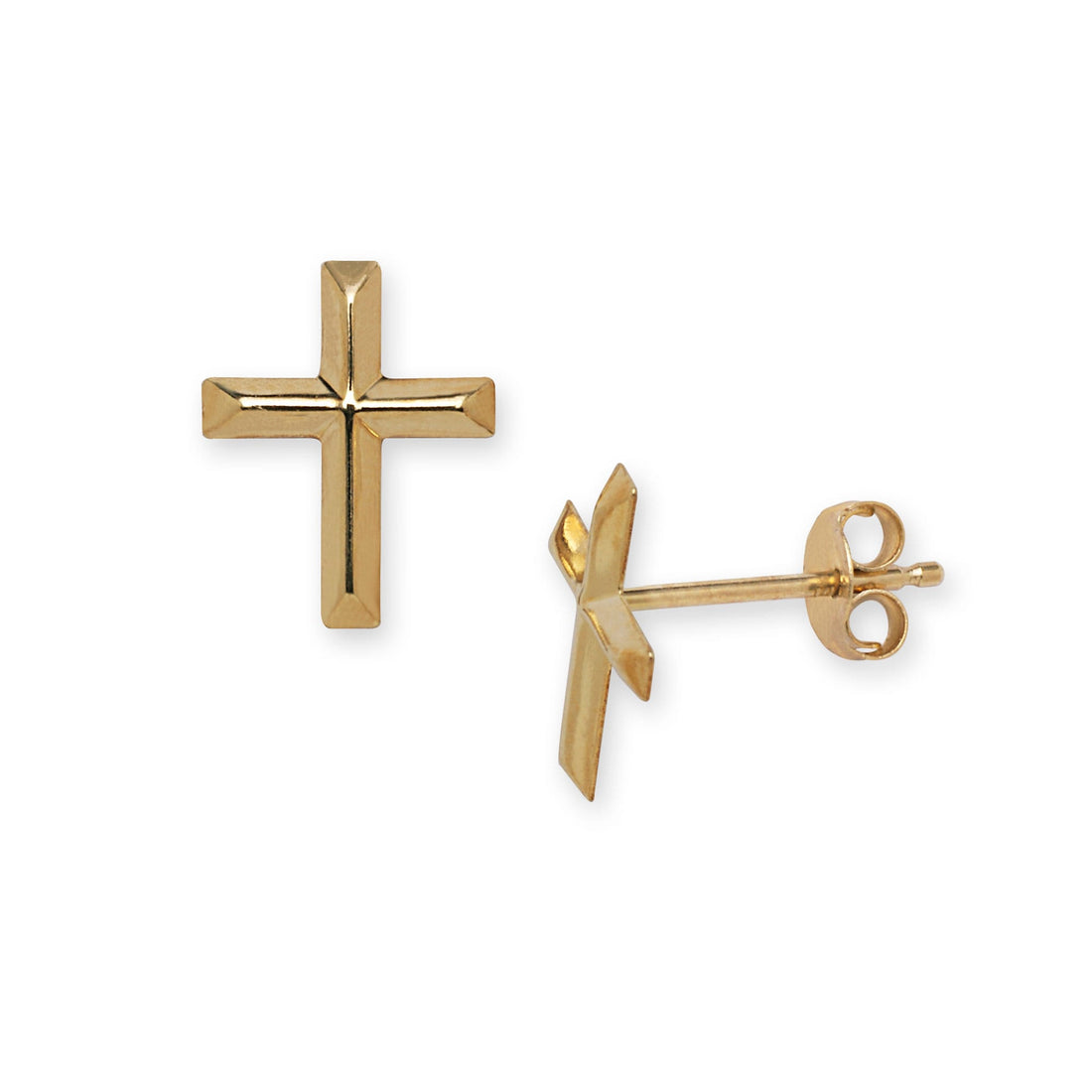 14K Yellow Gold Beveled Cross Stud Earrings