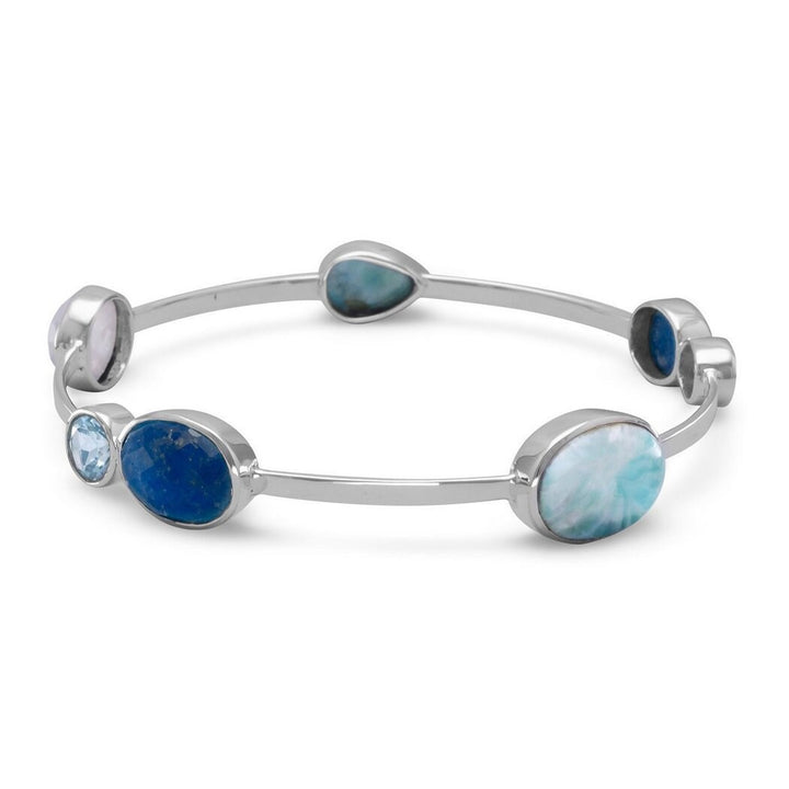 925 Sterling Silver Slip-on Larimar, Blue Topaz, Dyed Aventurine, and Rainbow Moonstone Bangle Bracelet