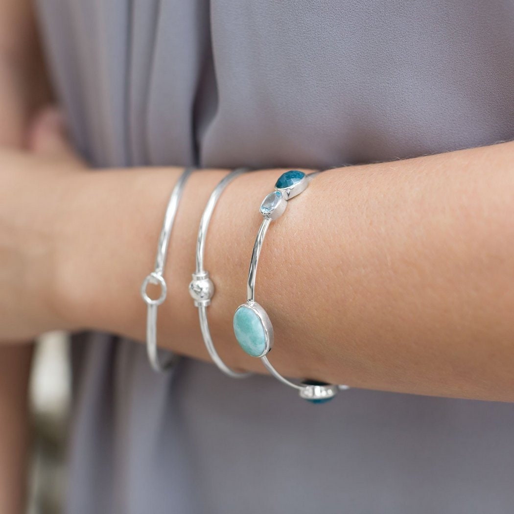 925 Sterling Silver Slip-on Larimar, Blue Topaz, Dyed Aventurine, and Rainbow Moonstone Bangle Bracelet