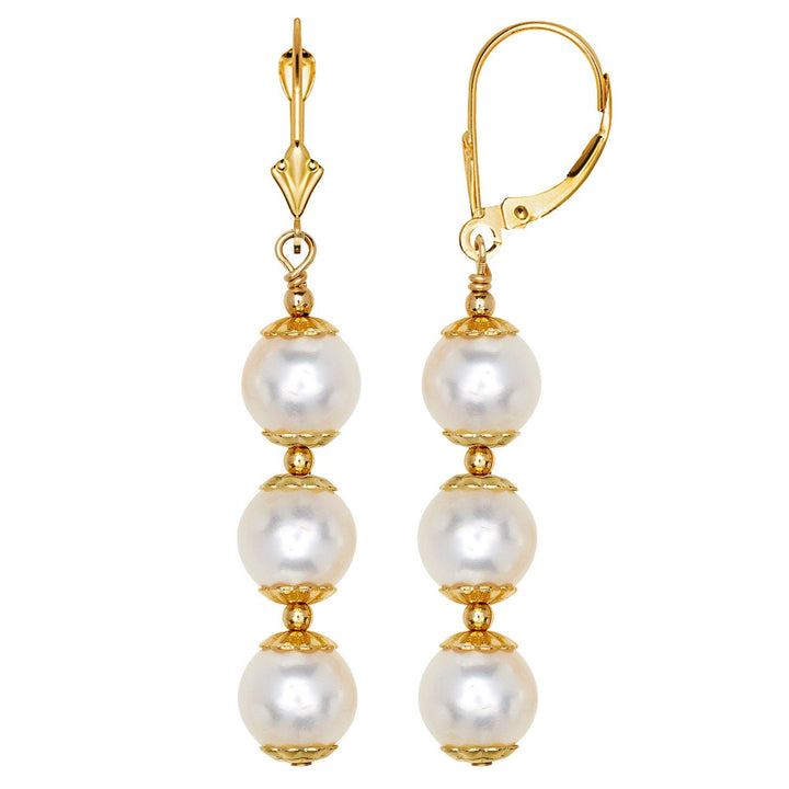 14k Yellow Gold White Freshwater Cultured Pearl Drop Dangle Earrings (Single, Double, or Triple Drop)