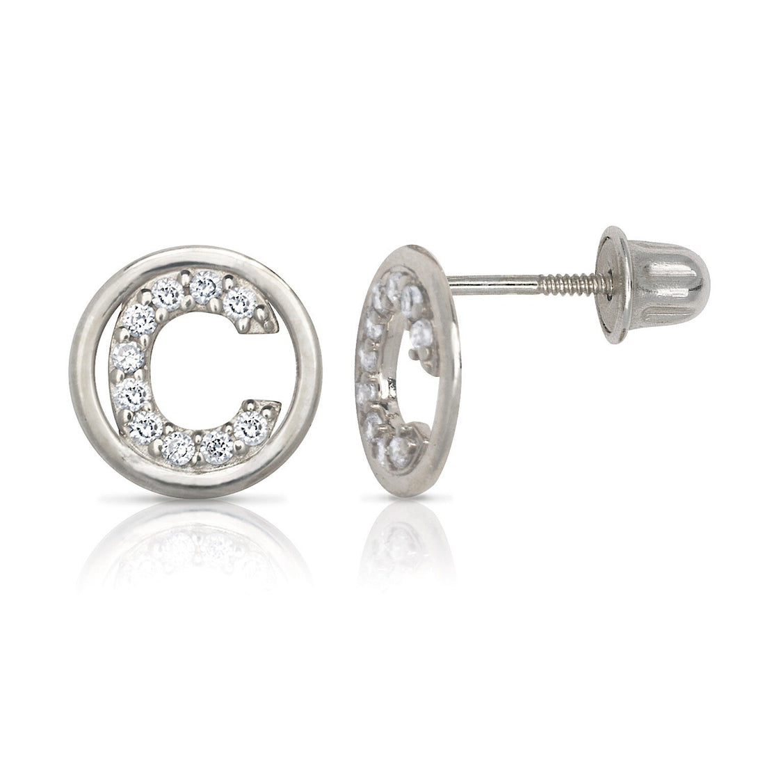 14k White Gold Small CZ Circle A-Z Initial Screw Back Earrings