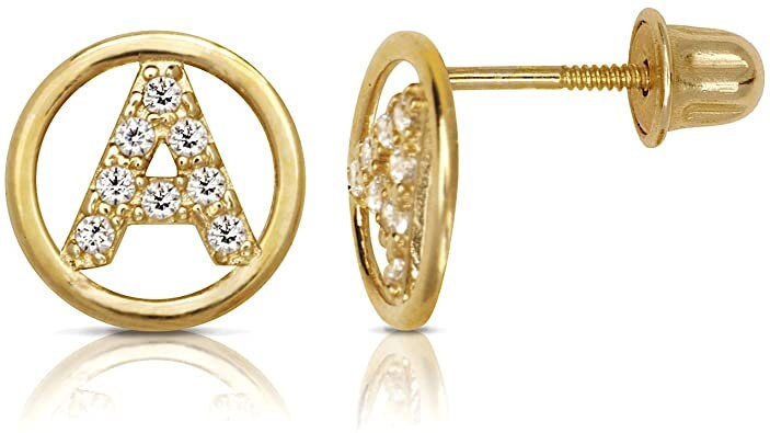 14k Yellow Gold Small CZ Circle A-Z Initial Screw Back Earrings