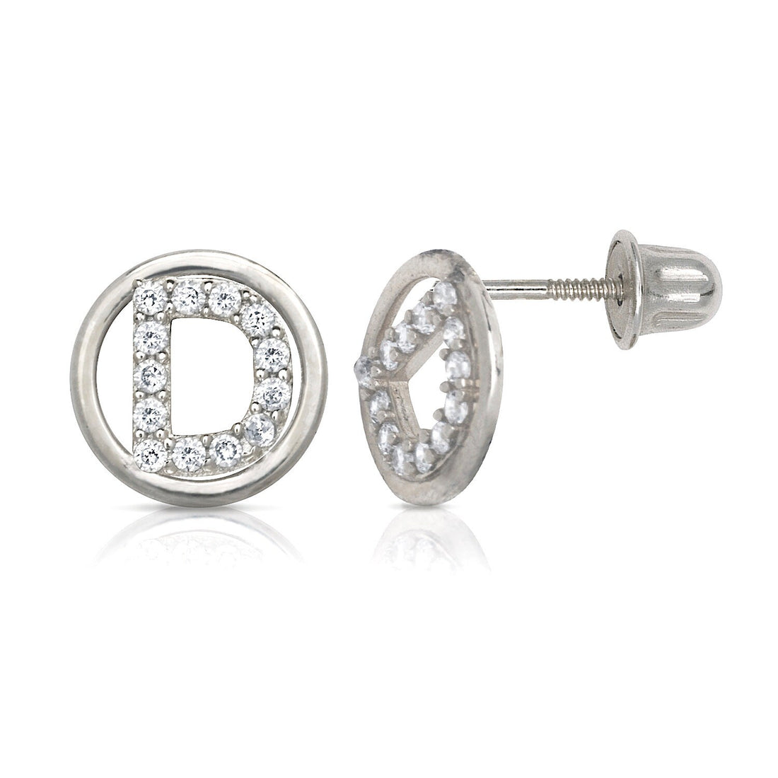 14k White Gold Small CZ Circle A-Z Initial Screw Back Earrings