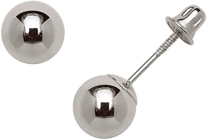 14k White Gold Polished Ball Screw Back Earrings - 3-8mm
